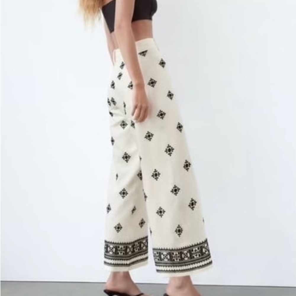 Zara Linen Blend White and Black Wide Leg Pants Size Xl New with tags $70 Retail - Picture 4 of 7